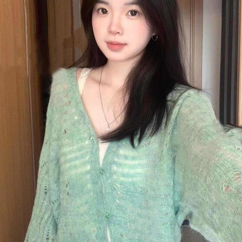 Mint Mambo Green Lace Cut Out Knitted Cardigan for Women Spring and Summer Outer Mohair Sweater Blouse Shawl Jacket