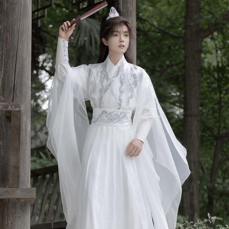 Evening Journey [Miao Yun Mountain] Original Hanfu for Men, White Fairy-Like Elegant Double-Layer Fluttering Sleeves, Cool and Noble Style for Men and Women