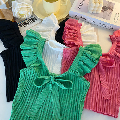 Southeast Asian knitted camisole women's Xiamu ear-shaped sleeveless candy top with bow tie on the outside