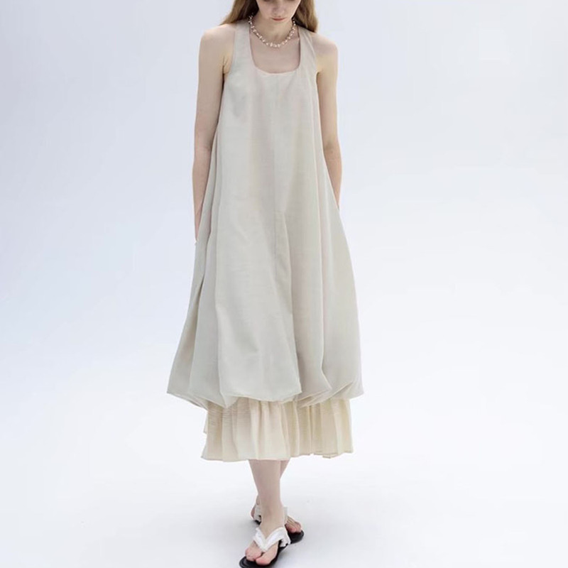 Wool Lyocell Faux Two-Piece Patchwork Sleeveless Vest Dress for Women, Loose Long Design Jellyfish Flower Bud Dress