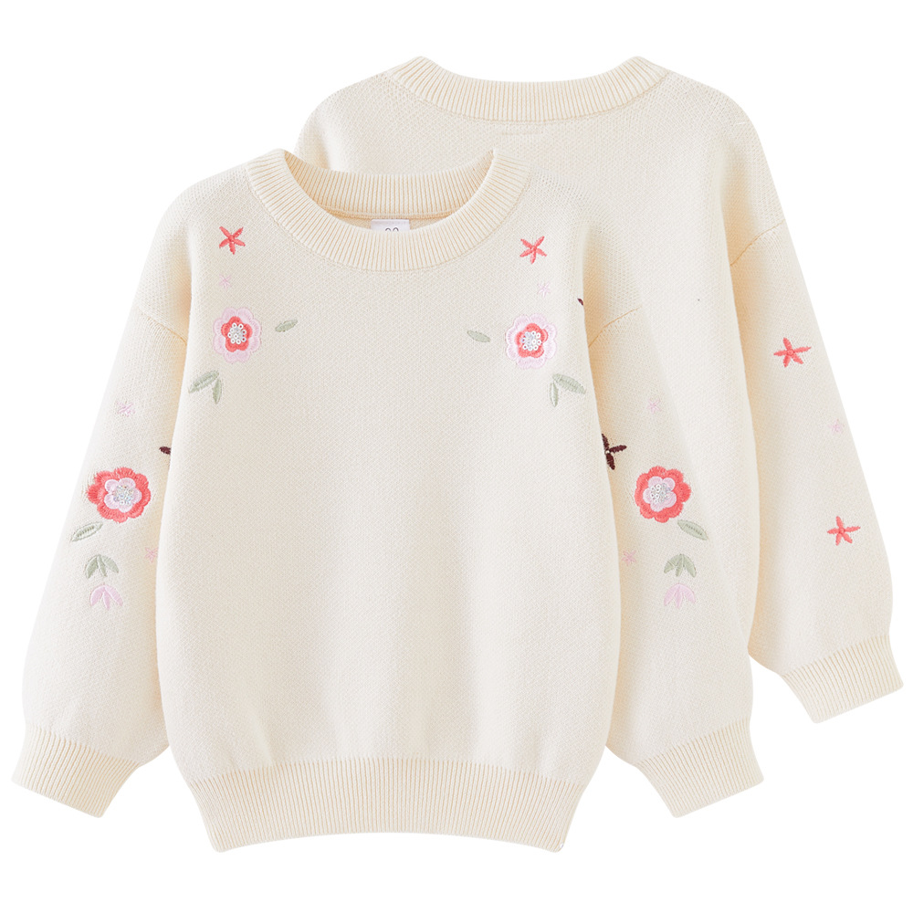 2023 nueva primavera, Otoño e Invierno flor bordada suéter de cuello redondo de las niñas suéter de fondo de lana del todo fósforo superior al por mayor