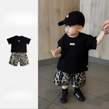 男童夏季夏装新款短袖洋气女童儿童韩版豹纹短裤童装两件套套装
