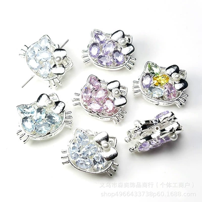 Sen Yi Jewelry Double-Sided Zircon-Inlaid Kt Cat Head Beads with Hole for DIY Straight Hole Beading Phone Chain Accessories