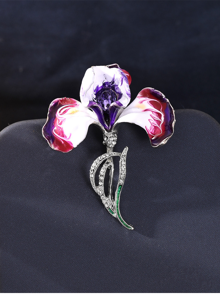 Retro Chinese-Style Iris Flower Brooch with Enamel and Oil-Drip Rhinestones, Elegant Floral Brooch, Suit Jacket Accessory