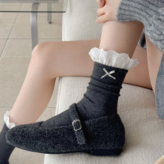 蕾丝蝴蝶结袜子女中筒袜冬季加厚保暖堆堆袜韩系暖云绒花边配饰袜