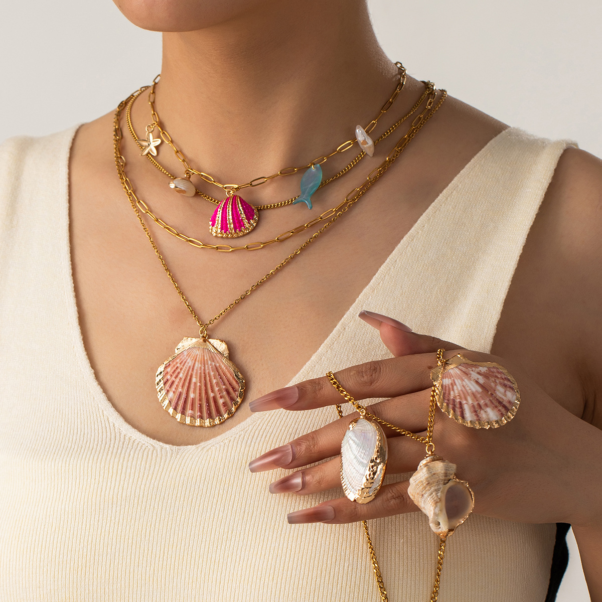 30g Weight Lobster Trigger Clasp Closure Clasp Closure Type Wholesale Jewelry Marine Style Conch Shell Fish 304 Stainless Steel 18K Gold Plated Plating Paperclip Chain Cable Chain Layered Necklaces Multi Charms Necklace