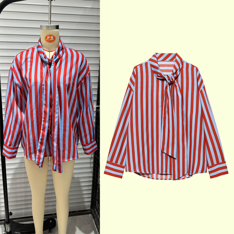 2026 European and American Hot-Selling Women's Fashion French-Style Elegant Commuter High-Neck Bow Long-Sleeve Striped Shirt 2026 European and American Hot-Selling Women's Fashion French-Style Elegant Commuter High-Neck Bow Long-Sleeve Striped Shirt