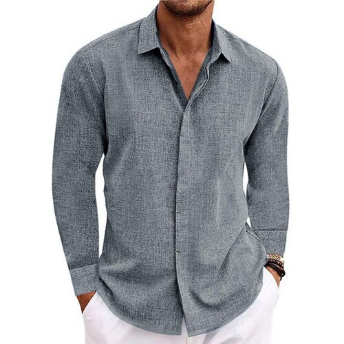 Men's Linen Long-Sleeve T-Shirt Loose Sweatshirt Solid Color Cotton-Linen Shirt Men Large Men's Shirt