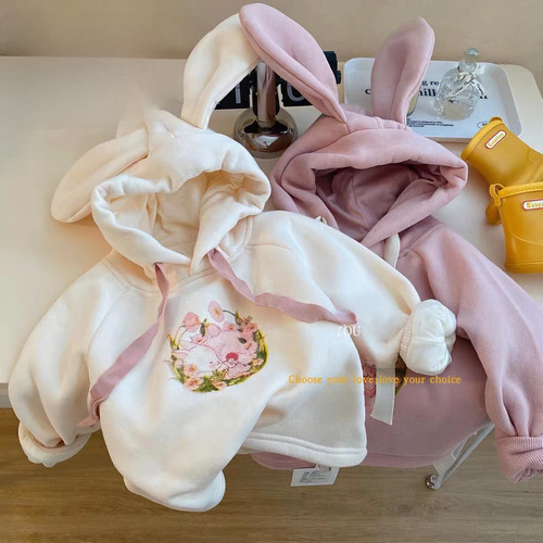 Korean Children's Hooded Sweatshirt  Winter Outfit Trendy Cartoon Print Baby Fleece Cute Long-Sleeve Top