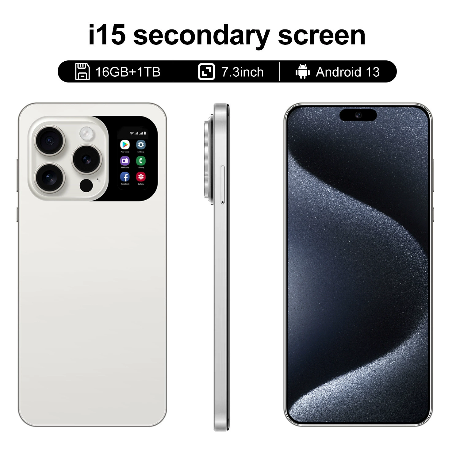 Смартфон i15, Android, 16 ГБ, 7.3-дюймовый широкий дисплей, вторичный задний экран