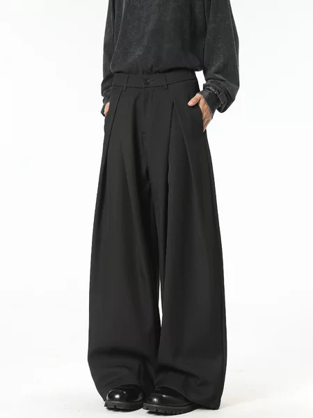 American Retro Style Three-Dimensional Pleated Wide-Leg Pants for Men, A-Line Silhouette Casual Pants with a High-End Feel, Loose and Drapey Floor-Length Trousers