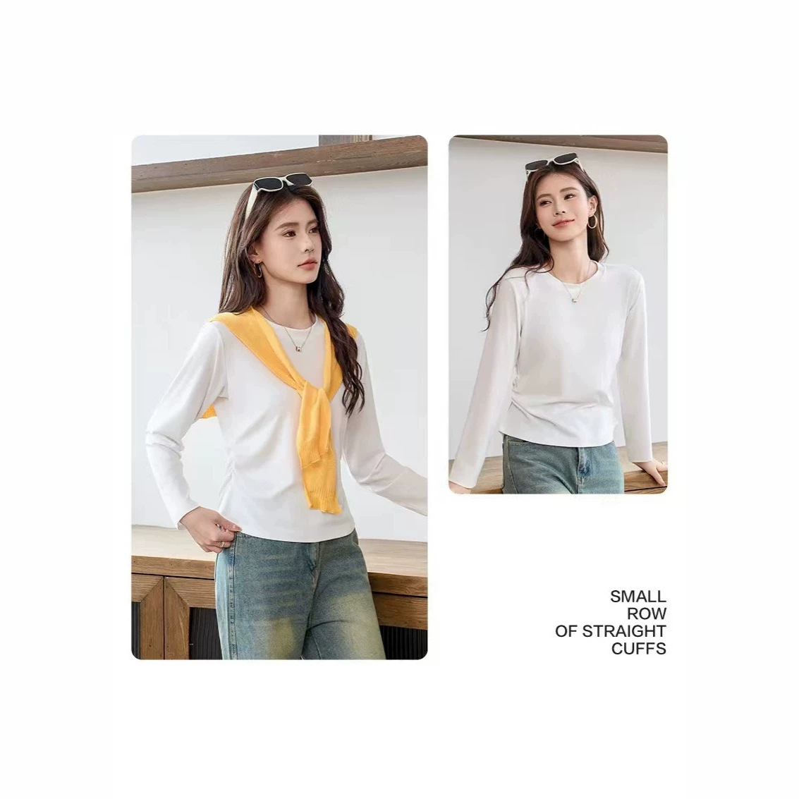 2026 Autumn New Slim-Fit Ruched T-Shirt with Slim Waist and Straight Shoulders in Tencel Lyocell Long Sleeve