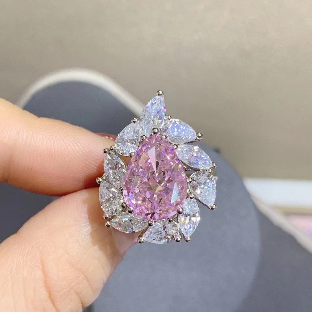 Anillo de diamante de alto carbono importado de plata esterlina con incrustaciones de 6 quilates VVS nivel en forma de gota corte Rosa anillo de diamante de alto carbono