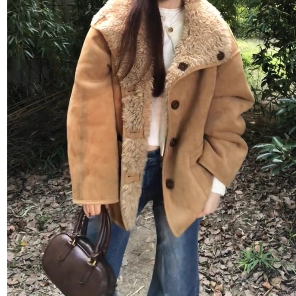 Autumn and Winter Korean Style Thickeneded Loose Fur One-Piece Lamb Plush Jacket Reversible Suede Motorcycle Jacket for Women