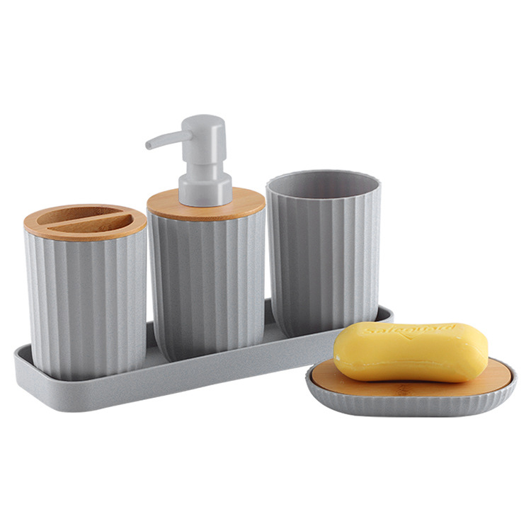 Productos de madera de bambú lavado traje Hotel baño suministros basurero algodón hisopo traje de baño bandeja de plástico conjunto de ocho piezas