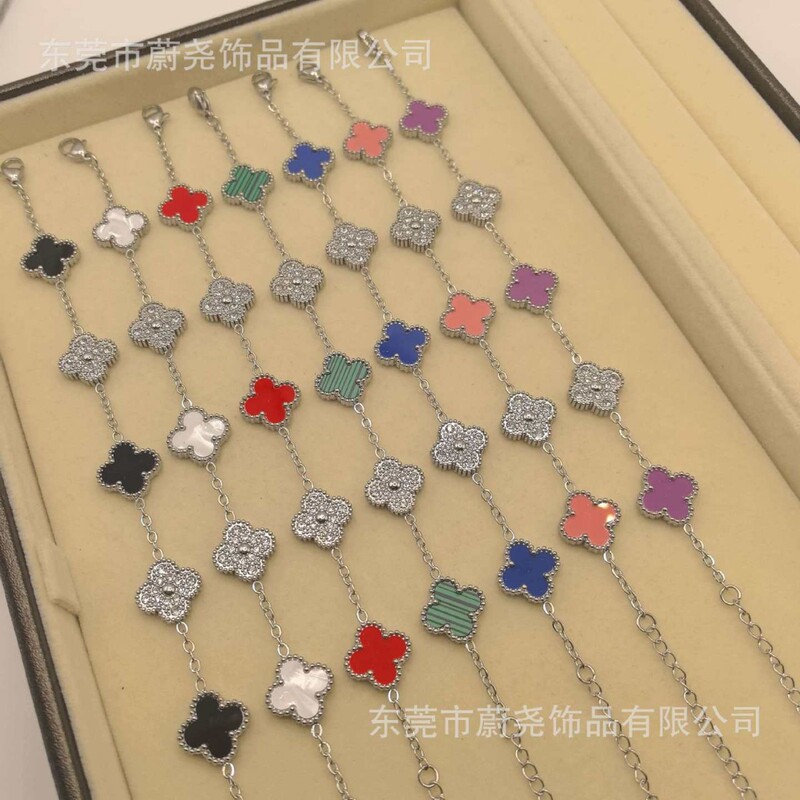 Cross-Border Popular Titanium Steel Handmade Double-Sided Five-Leaf Clover Bracelet with 48 Diamonds, Versatile and High-End Jewelry