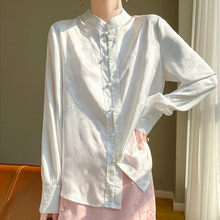 法式立领花鸟提花衬衫女新中式国风流行小衫春季缎面长袖上衣
