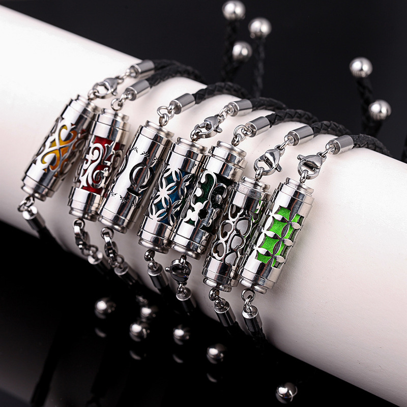 2024 Hot Selling Stainless Steel Aromatherapy Bracelet Black Leather Adjustable Essential Oil Diffuser Pendant Women's Bracelet 2024 Hot Selling Stainless Steel Aromatherapy Bracelet Black Leather Adjustable Essential Oil Diffuser Pendant Women's Bracelet
