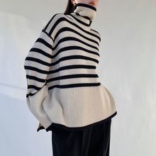 黑白条纹毛衣女2023年秋冬季开叉宽松显瘦外穿慵懒风高领针织上衣