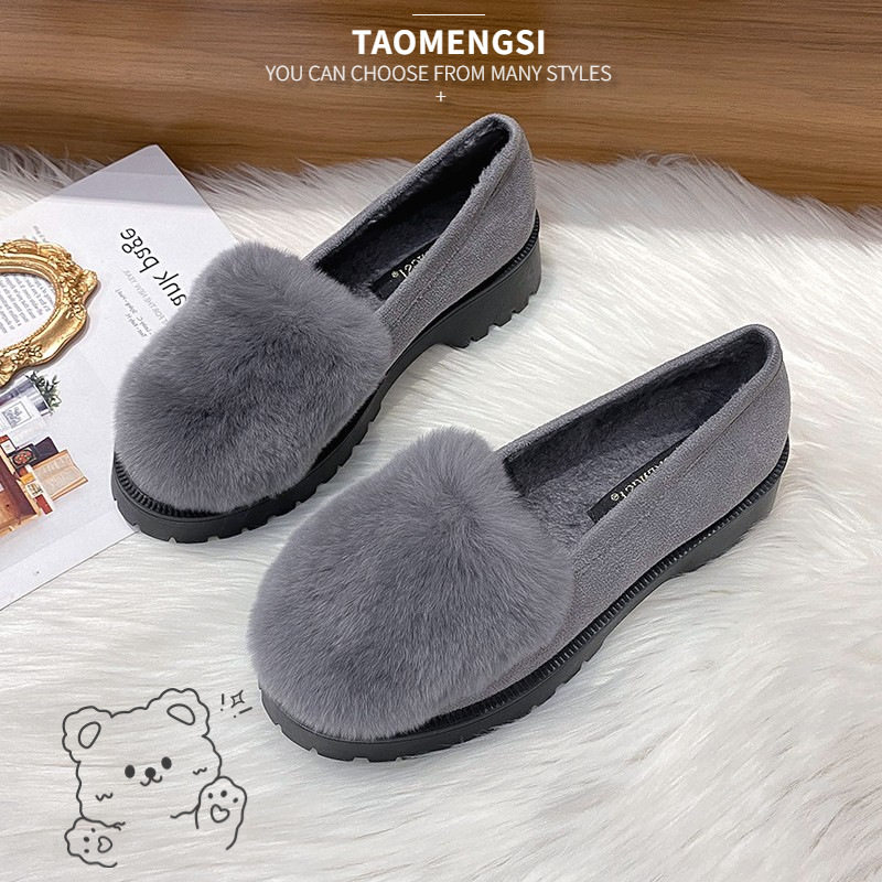 Giày lười nữ đế dày lót lông giữ ấm, giày bông mũi tròn gót 3-5 cm — Màu xám, Màu đen