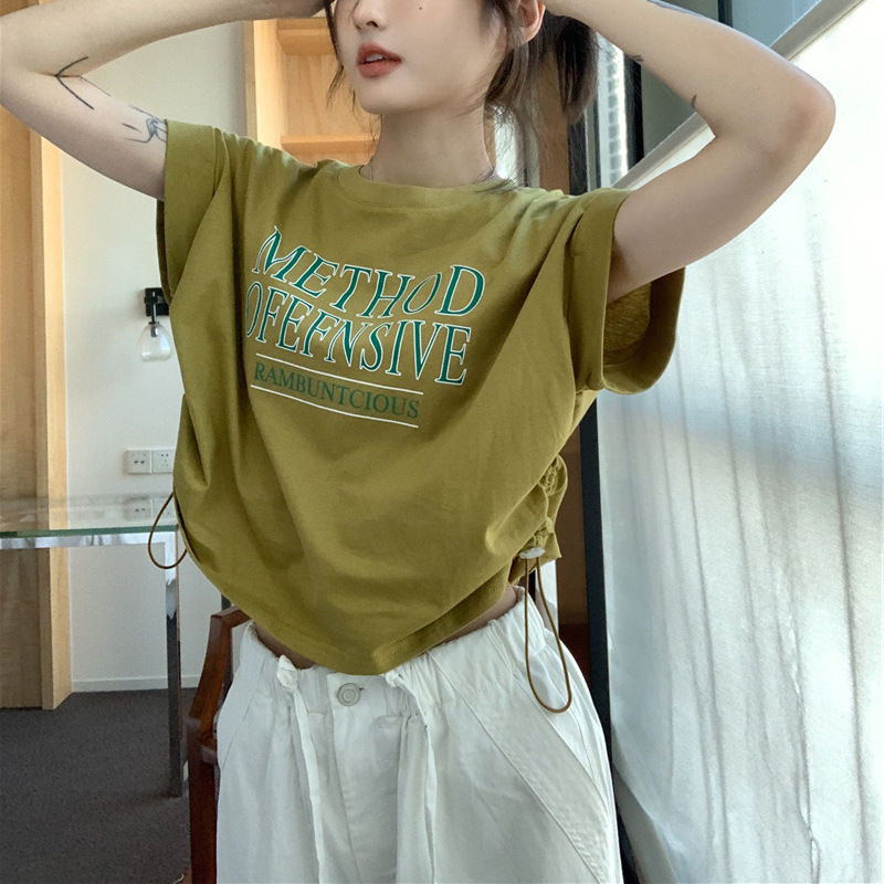 Designed Short-Sleeved T-Shirt for Women in Summer Asymmetrical Niche New Korean Style Chic Drawstring Loose Short Top Ins