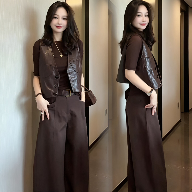 Popular women's clothing set 2026 autumn new Korean style trendy PU leather vest, base shirt, and wide-leg pants layered three-piece set