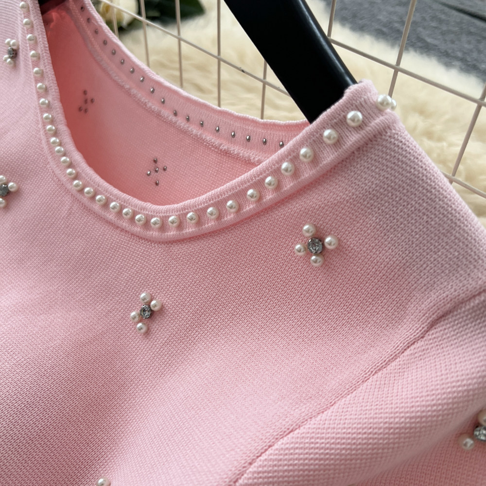 Women's French Style Beaded Short Sleeved Dress Summer Gentle Feminine High Waisted A-Line Skirt Slimming Flattering for Commuting_ecoleips.com