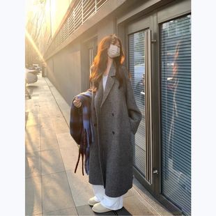 Tall Double-Sided Woolen Outwear for Women, Gray Extended Version, Autumn and Winter New Korean Style Loose Woolen Outwear