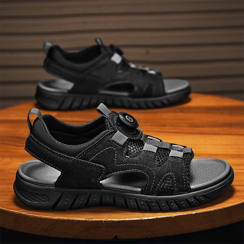 沙灘鞋男2024新款夏季透氣鏤空真皮涼鞋男一腳蹬外穿防滑軟底男鞋