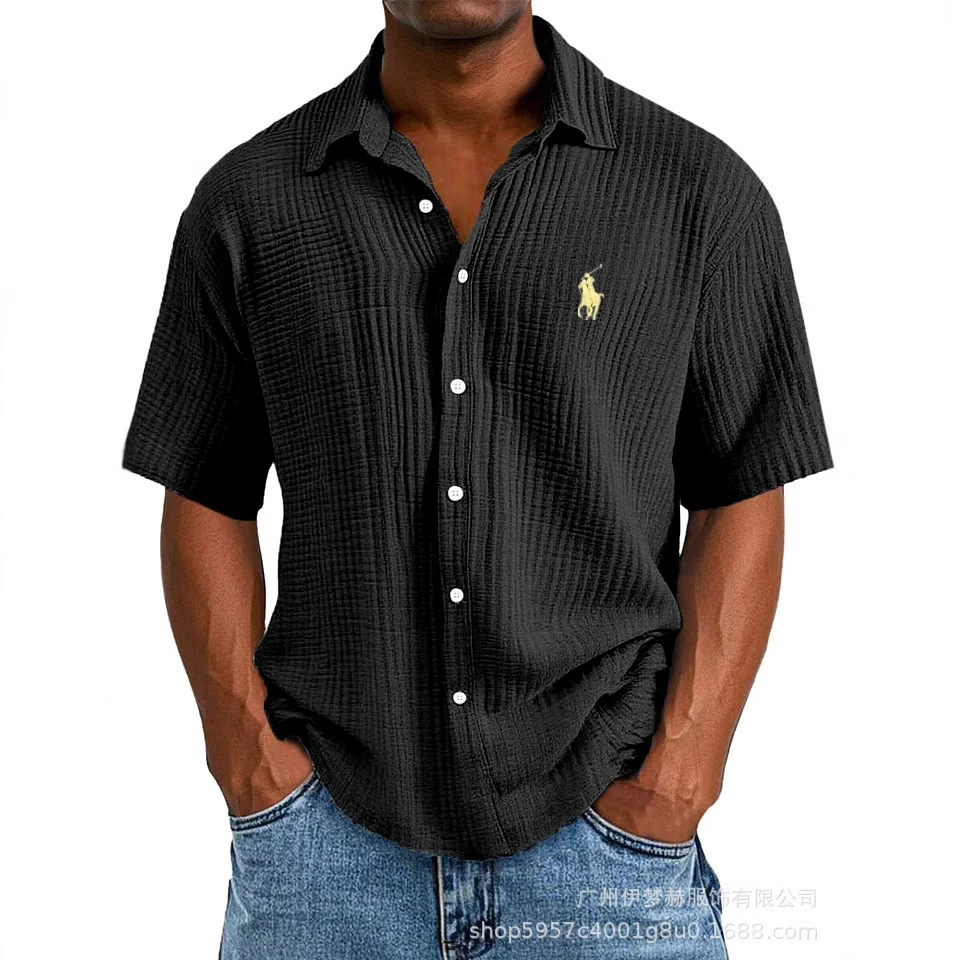 Tiktok temu2025 новый трансграничный плюс размер рубашка вышитая мужская свободная хлопковая рубашка с короткими рукавами с отворотом