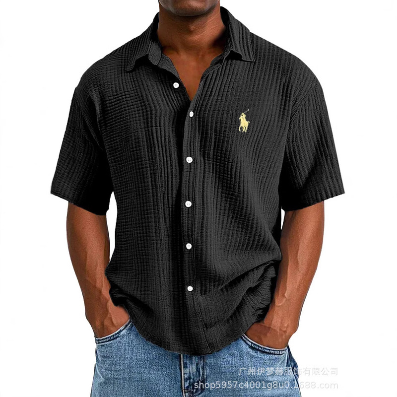 Tiktok temu2025 New Cross Border plus size Shirt Embroidered Men's Loose Cotton Short Sleeve Lapel Shirt