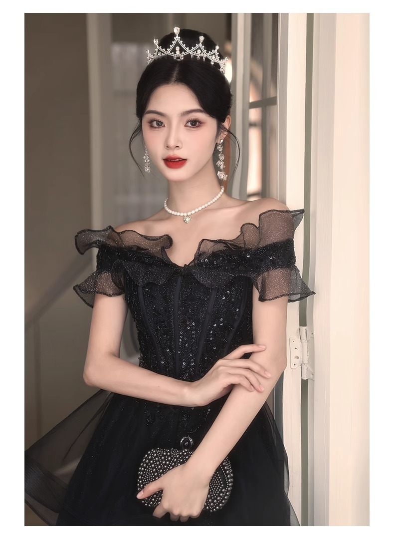 Đầm dạ hội đen trễ vai dáng dài sang trọng — Màu đen, Màu xanh xám chi tiết 11