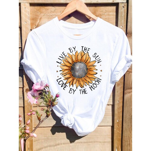 Cross-border large size sunflower floral basic women's trendy cute round neck white short-sleeved top for summer women