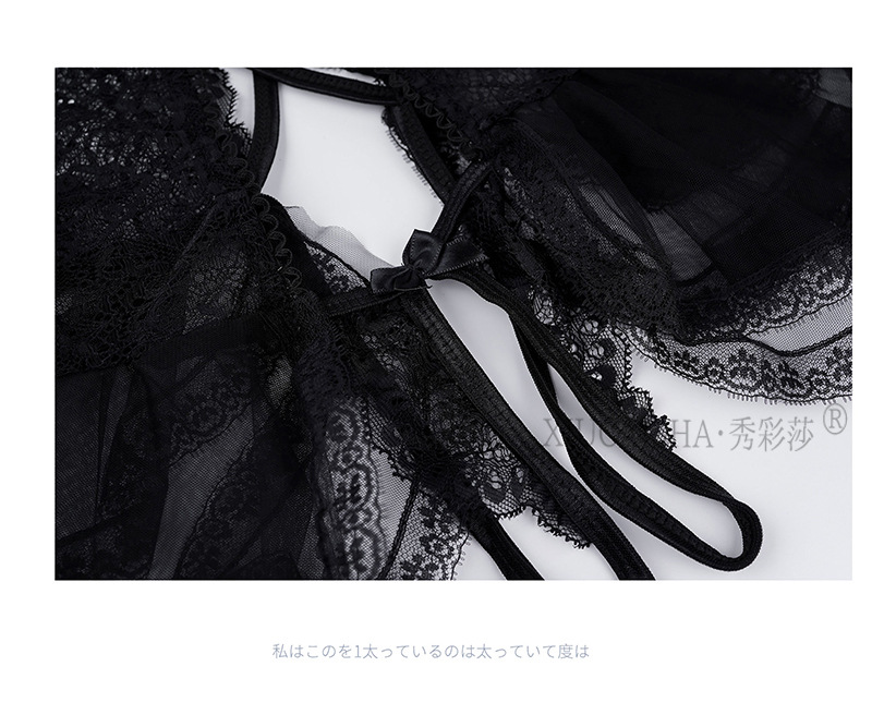 Lace Transparent Bodysuit Nightgown with Open-Crotch Stockings, Black One-Size Lingerie Dress — detail image 27