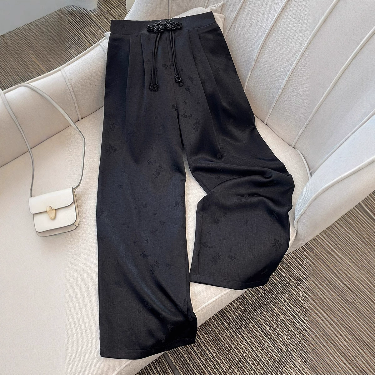Модные широкие брюки в китайском стиле с пряжкой и драпировкой, весна-лето 2025, новые китайские повседневные атласные жаккардовые утягивающие длинные брюки