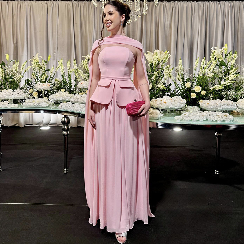 European and American Cross-Border Women's Clothing 2025 Autumn and Winter Fashionable and Elegant Tube Top Waist Slim Pink Dress