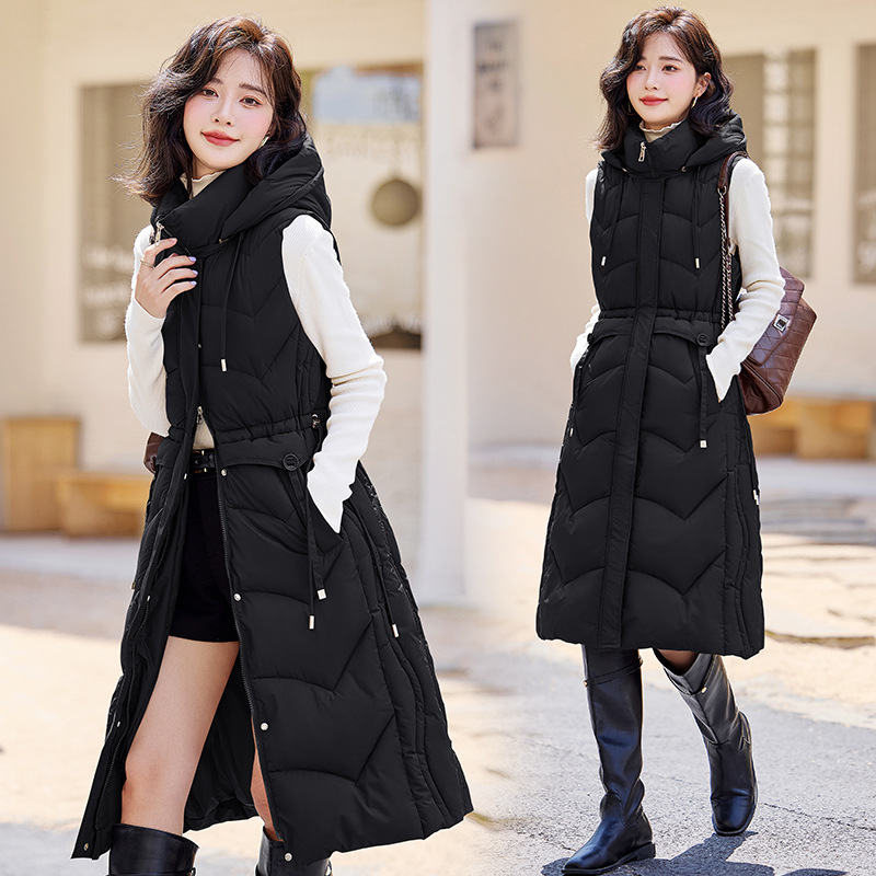Otoño y invierno 2025 nuevo chaleco de algodón de pluma para mujeres medianas y largas delgadas cintura delgada de moda de algodón abrazadera de hombro chaqueta