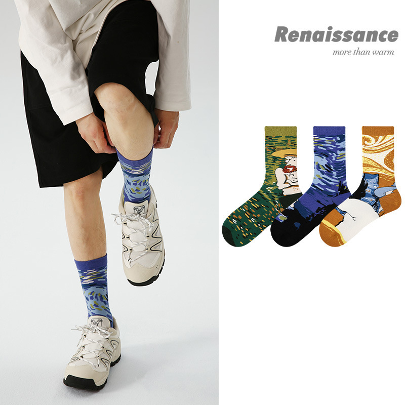 Renaissance original design men's socks retro style Van Gogh art oil painting mid-calf length socks Xinjiang cotton socks men wholesale Renaissance original design men's socks retro style Van Gogh art oil painting mid-calf length socks Xinjiang cotton socks men wholesale