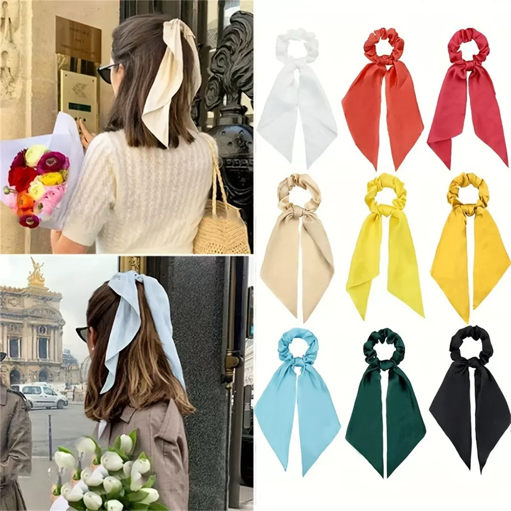 跨境套装纯色马尾飘带缎面大肠发圈方巾打结扎头绳头饰品不伤发