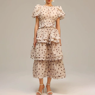 欧美洋气时尚套装女2026夏新款波点泡泡短袖上衣多层次蛋糕半身裙