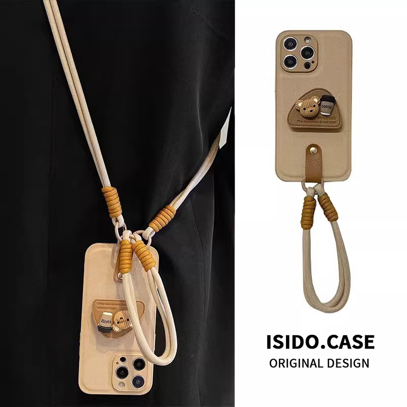 Three-dimensional leather print bear for Apple 16promax mobile phone case new 15 with bracket 14 slung 13 women 12 soft