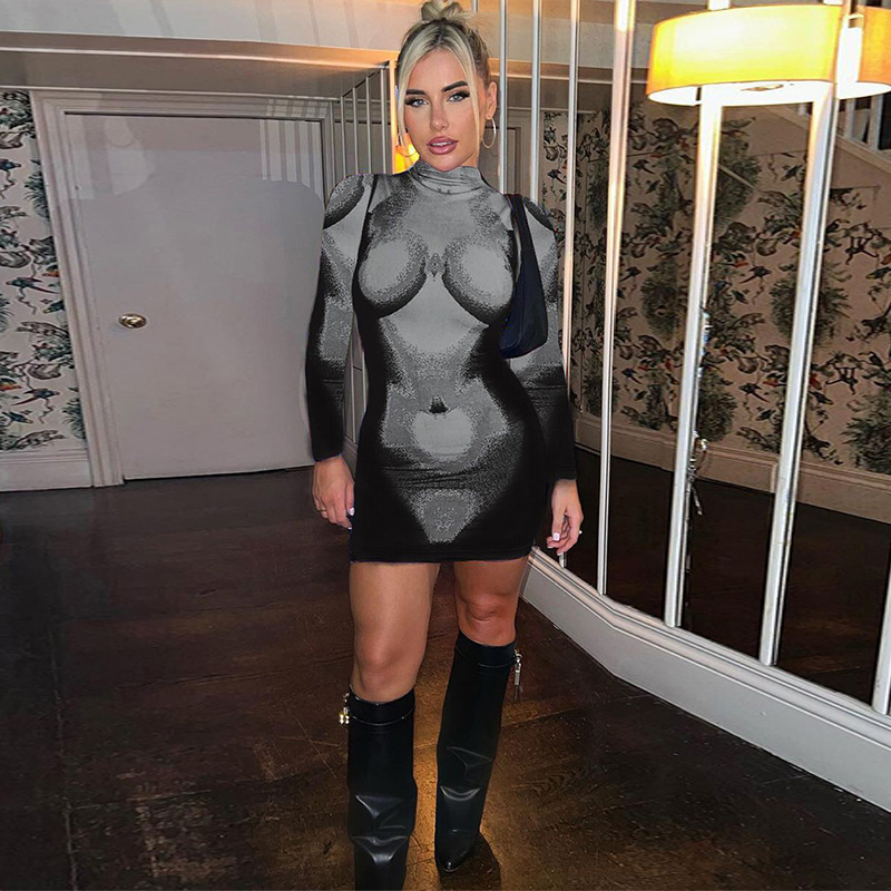 Fashion Solid Color Round Neck Long Sleeve Patchwork Spandex Polyester Knee-Length Sheath Dress