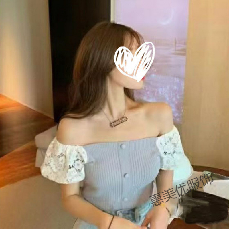 Summer new one-shoulder collarbone-exposing knit top with lace puff sleeves, women's short-sleeve T-shirt, stylish