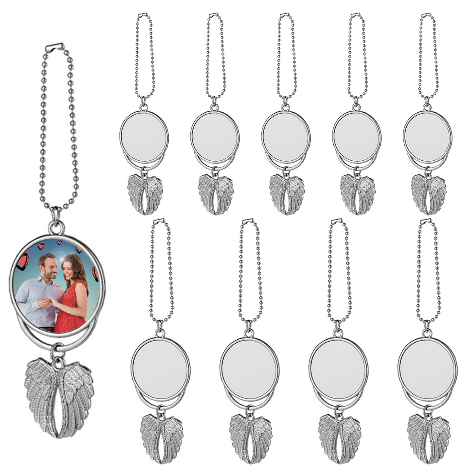 Transferencia de calor en blanco transfronterizo Llavero de alas de ángel Adornos de coche Lámina de aluminio Llavero de metal Regalo colgante