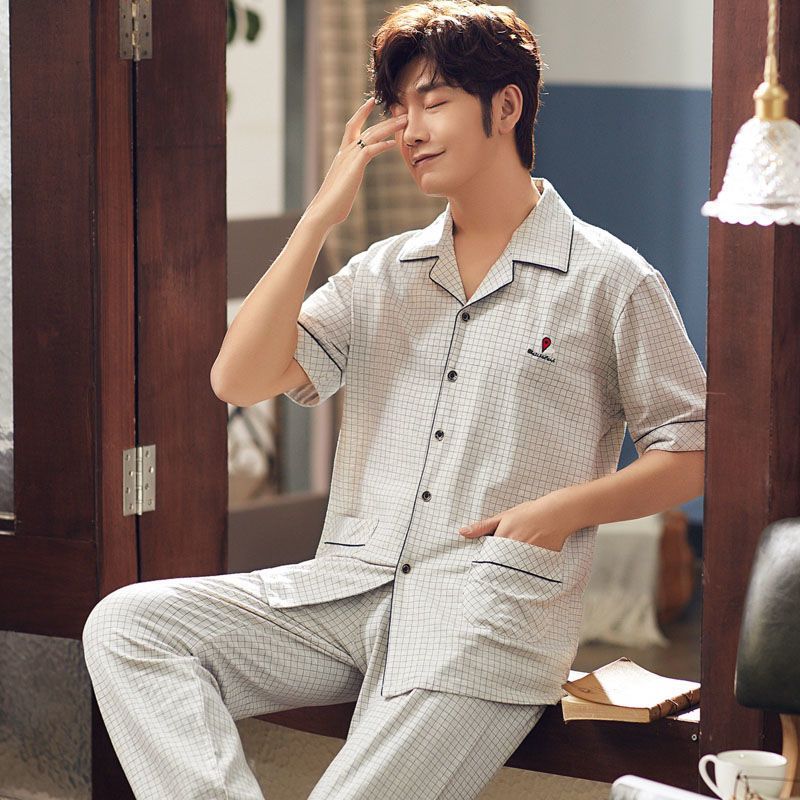 Pantalones de manga corta de verano 100% pijamas de algodón fino ocio traje de hombre de mediana edad y ancianos homewear