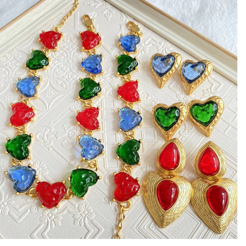Retro Water Droplets Heart Shape Alloy Inlay Artificial Gemstones Womenu0027S Bracelets Earrings Nec