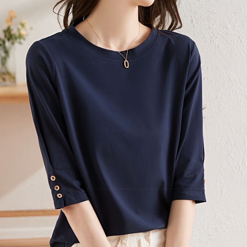 New button design mid-sleeve top for women, fashionable casual versatile slim-fit round-neck three-quarter sleeve t-shirt