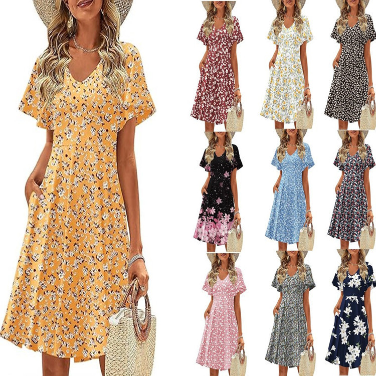 Cross-Border Amazon Aliexpress 2025 Summer New Casual Floral Ruffle Mini A-Line Dress for Women
