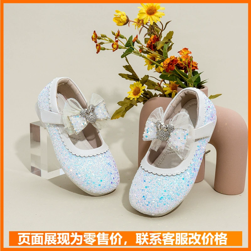 Детская обувь, туфли принцессы для девочек, осень 2023, новый стиль, туфли принцессы на мягкой подошве с бантом, Нескользящие туфли со стразами и кристаллами