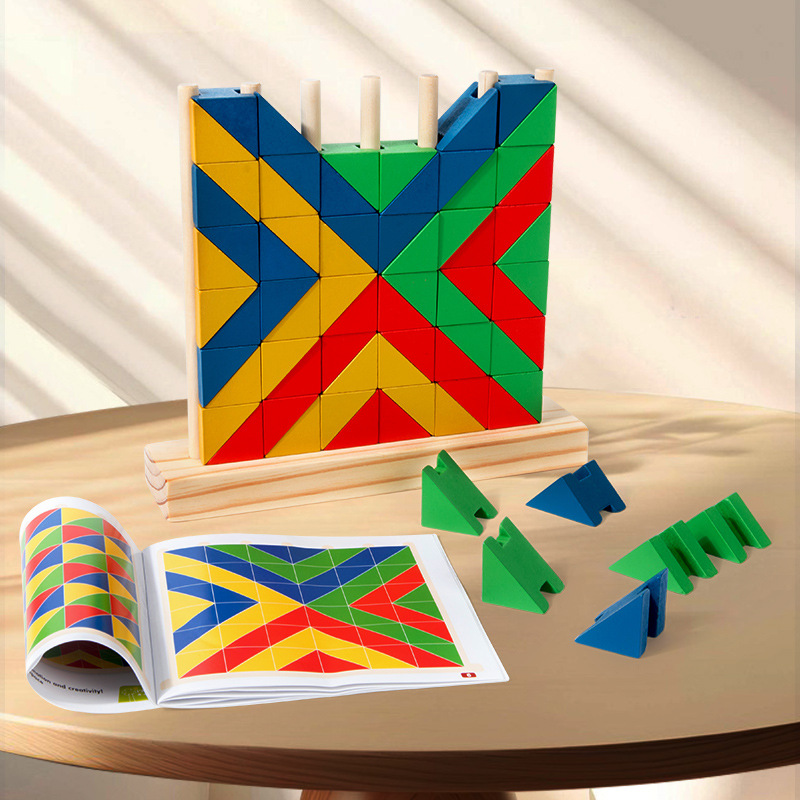 Niños pequeños de madera triángulo redondo anillo arcoíris bloques divertidos conjuntos de puzzles superpuestos juguetes de educación temprana